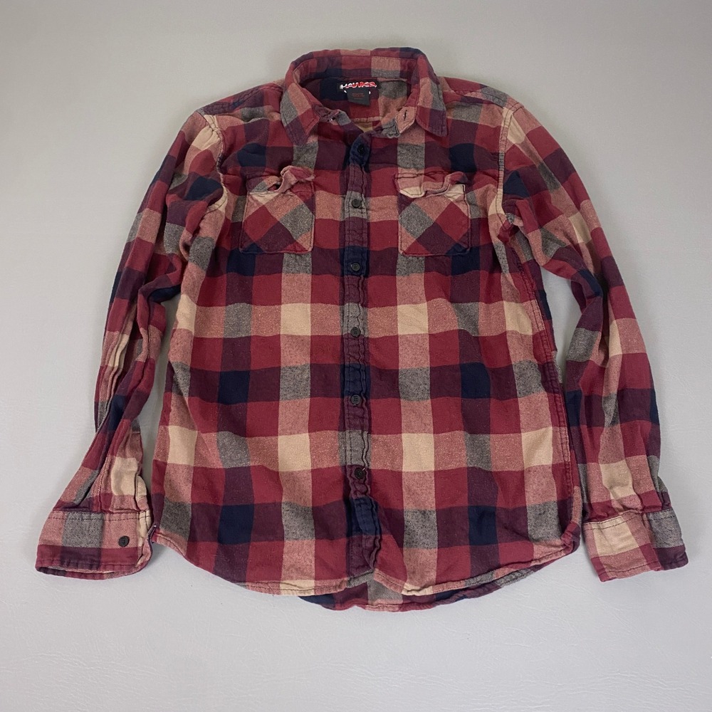 Tony Hawk Flannel Shirt Men's Large Red Navy Blue Plaid Long Sleeve Button Up